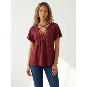 Coco + Jaimeson L Red Crochet Trim Peasant Top Boho Cottagecore Whimsy Coquette